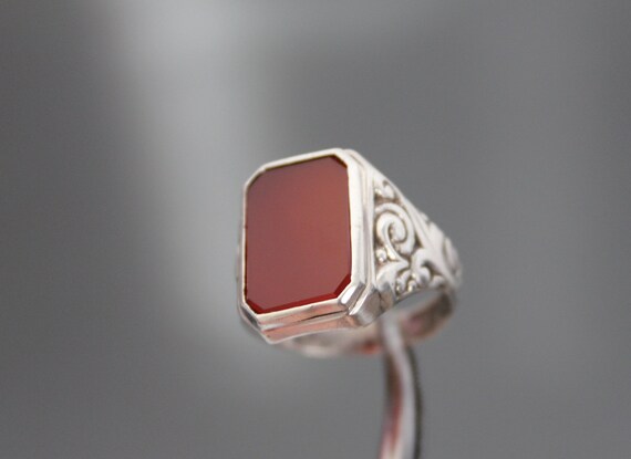 Art Deco Mens Signet Ring. Carnelian Agate, Silve… - image 1
