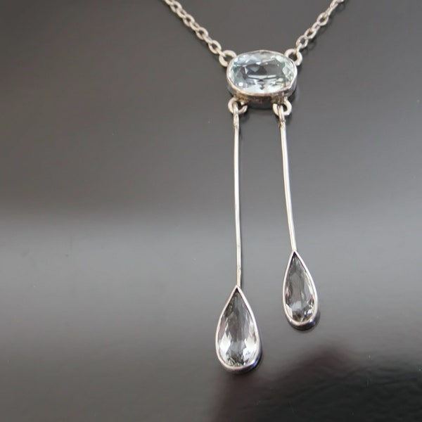 Edwardian Aquamarine Negligee Drop Necklace. 900 Silver Open Back Set. Antique Lavalier Drop Pendants.