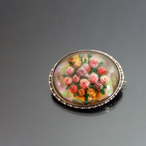 Victorian Brooch Roses Bunch, Floral. 800 Silver Essex Crystal Glass Antique Roses