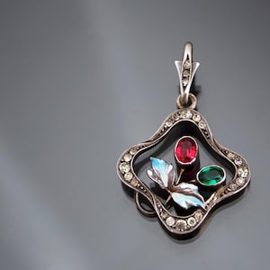 Art Nouveau Enamel Paste 925 Sterlling Silver Floral Pendant. Antique Jugendstil Ruby Emerald Secessionist Edwardian Necklace