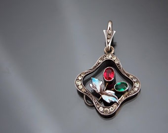 Art Nouveau Enamel Paste 925 Sterlling Silver Floral Pendant. Antique Jugendstil Ruby Emerald Secessionist Edwardian Necklace