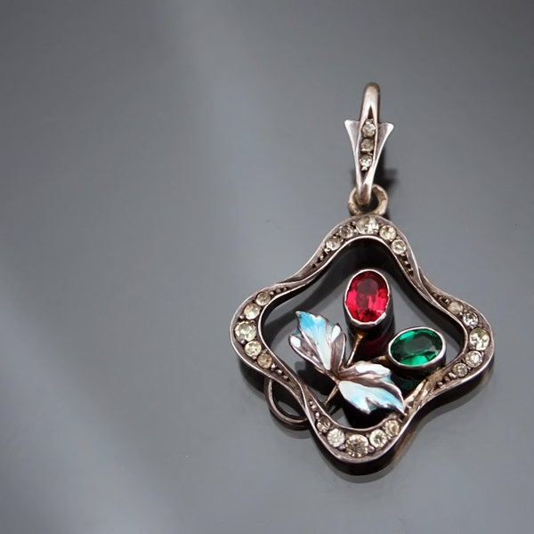 Art Nouveau Enamel Paste 930 Sterlling Silver Floral Pendant. Antique Jugendstil Ruby Emerald Secessionist Edwardian Necklace