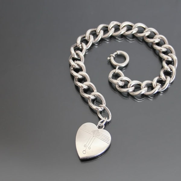 Jugendstil Chain Bracelet Hollow Link With Heart Pendant. 800 Silver. Antique Edwardian Engraved Charm