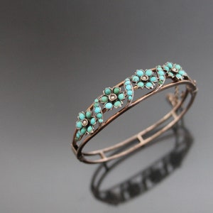 Victorian Forget-Me-Not Turquoise Bracelet. Rose Gold Plated Hinged Bangle. Antique Bridal Wedding Jewelry