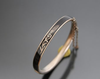 Victorian Wheat Mourning Enamel Bangle Bracelet. 750 Silver, Antique Floral.