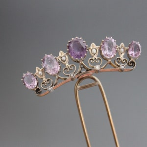 Victorian Hair Comb Tiara, Amethyst, Seed Pearls, 800 Silver. Antique Hair Fork. Wedding, Something Old