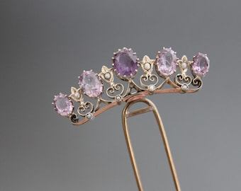 Victorian Hair Comb Tiara, Amethyst, Seed Pearls, 835 Silver. Antique Hair Fork. Wedding, Something Old