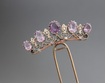 Victorian Hair Comb Tiara, Amethyst, Seed Pearls, 800 Silver. Antique Hair Fork. Wedding, Something Old