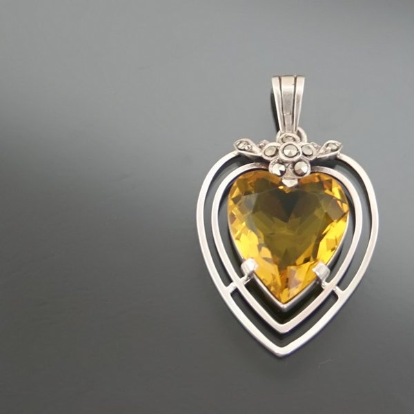 1930's Art Deco Big Heart Pendant. 935 Silver. Citrine Marcasite.