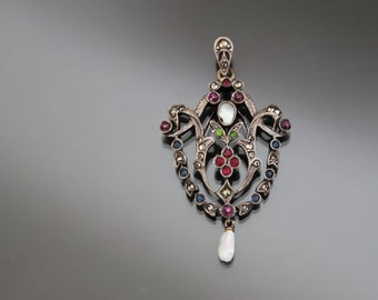 Art Nouveau Paste 900 Silver Pendant. Antique Jugendstil Ruby Emerald Secessionist Edwardian Necklace