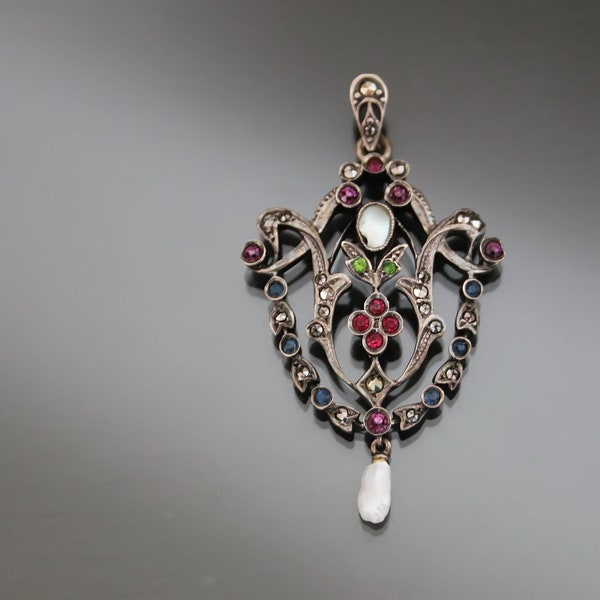 Art Nouveau Paste 900 Silver Pendant. Antique Jugendstil Ruby Emerald Secessionist Edwardian Necklace