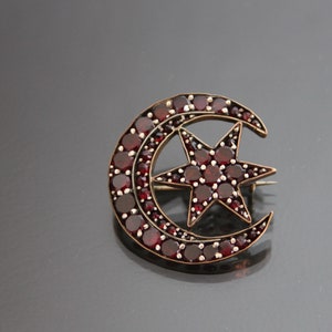 Victorian Bohemian Garnet Crescent And Star Brooch. Antique Biedermeier Moon.