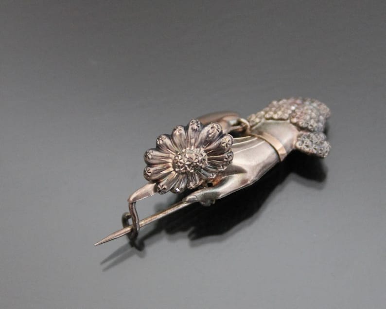 Embossed Hammered Aesthetic Antique Victorian Hand With Flower Articulated Brooch Sterling Silver 925 Repousse
