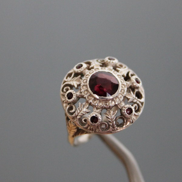 Victorian Neo-Renaissance Bohemian Garnet Ring, 800 Silver, Size 7 1/2, Antique, Domed.