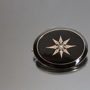 Victorian Mourning Seed Pearl Starburst Black Enamel Locket Brooch. 650 Silver. Antique Pin.