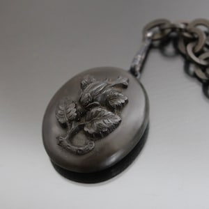 Victorian Molded Gutta Percha Photo Locket Necklace. Floral Antique Mourning Pendant And Chain