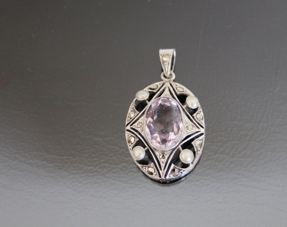 Amethyst Art Deco 835 Silver Pendant. Vintage Marcasite, Pearl Necklace