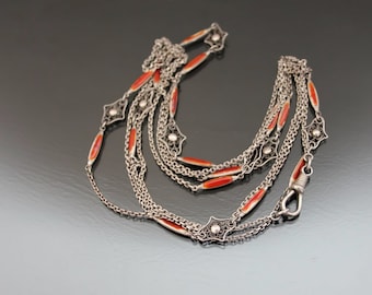 59&quot; Guilloche Enamel Link Chain Necklace. 800 Silver. Antique Edwardian Filigree Chain For Locket