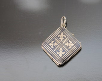 Edwardian Niello Plate Photo Locket. 900 Silver Pendant. Geometric,  Unisex Vintage