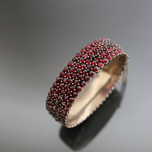 Antique Bohemian Garnet Bangle Hinged Bracelet. Victorian Pave Rose Cut Garnets.
