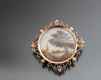 Victoriaanse rouw lanscape haar haarwerk medaillon broche. Antiek aandenken Mori