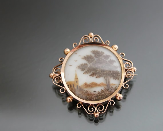 Victorian Mourning Lanscape Hair Hairwork Locket Brooch. Antique Memento Mori