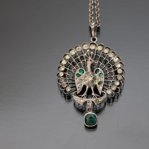 Edwardian Paste Filigree Peacock Silver 835 Necklace. Vintage Art Nouveau Pendant