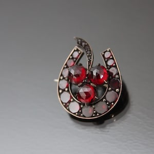 Victorian Horseshoe & Clover Bohemian Garnet Brooch. Antique Good Luck Amulet Pendant, Equestrian Pin. Rose Cut.