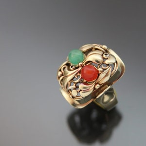 Big Art Deco Floral Jade Carnelian "Fruit Salad" Ring. 835 Silver. Size 6 Gemüsering Antiker Openwork image 1