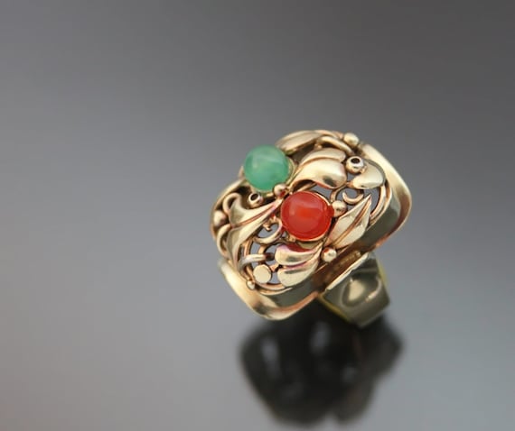 Big Art Deco Floral Jade Carnelian "Fruit Salad" Ring. 835 Silver. Size 6 Gemüsering Antiker Openwork