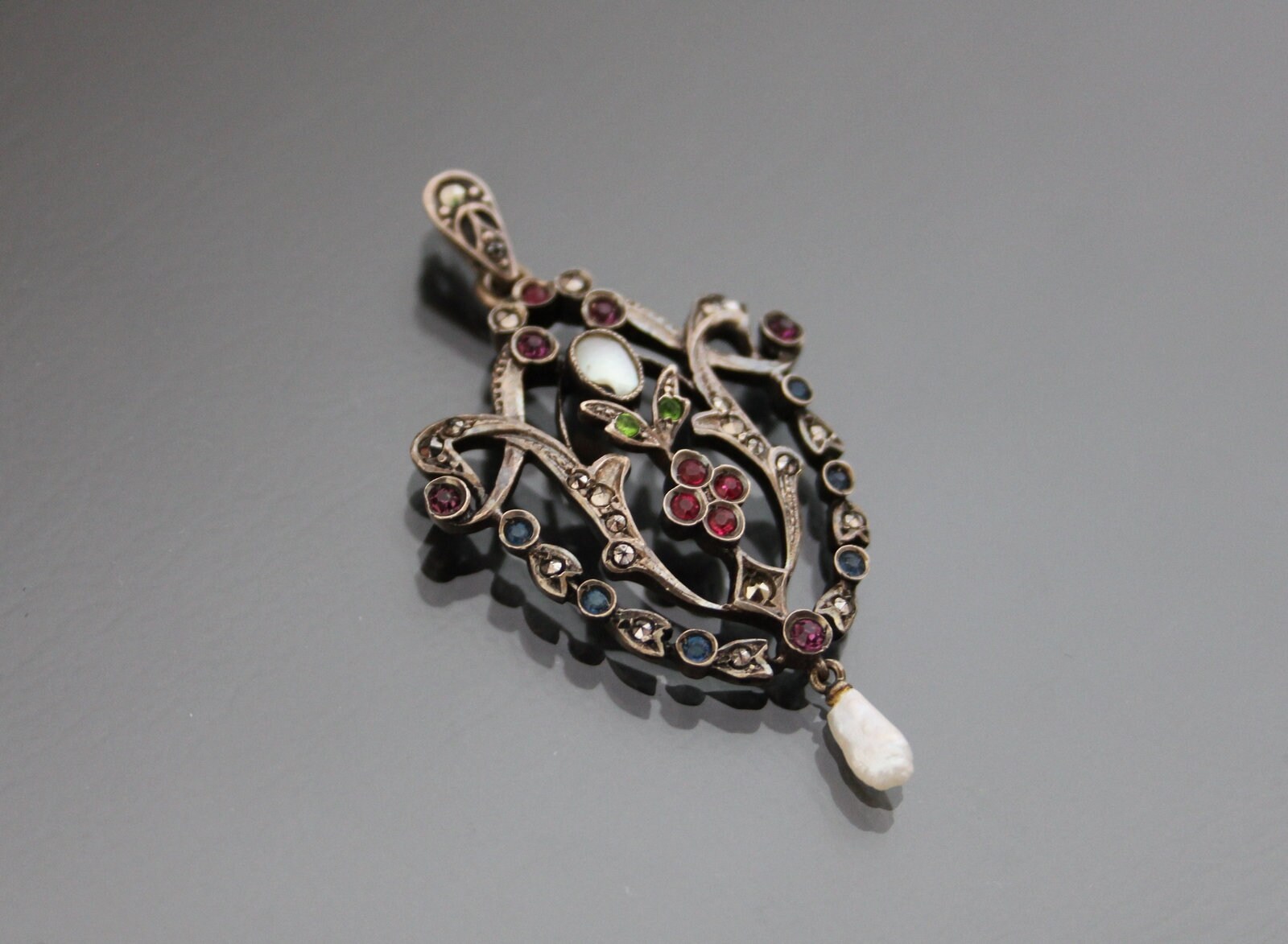Art Nouveau Paste 900 Silver Pendant. Antique Jugendstil Ruby Emerald ...