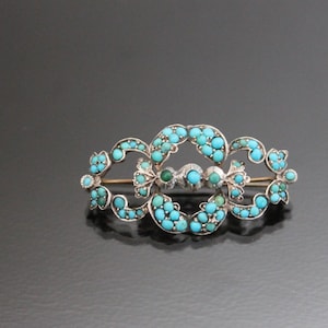 Victorian Pave Turquoise Brooch, 800 Silver. Antique Something Blue.