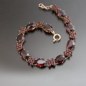 Vintage Bracelet. Bohemian Garnet Panel Link. Rose Cut. &quot;NORM&quot; Vintage Garnets. Yellow Gold Plated.