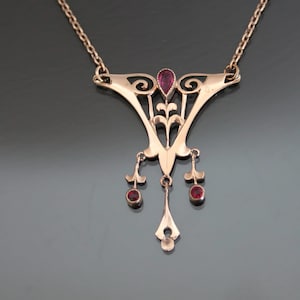 Jugendstil Faux Ruby Rose Gold Gilt Pendant Necklace. Antique Art Nouveau Jewelry