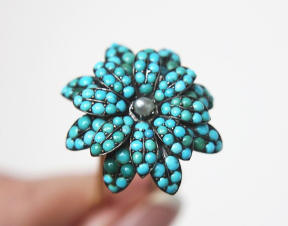 Victorian Turquoise Pave, Pearl, 800 Silver Hair … - image 8