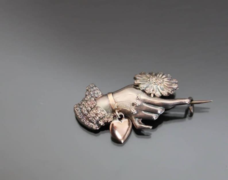 Embossed Hammered Aesthetic Antique Victorian Hand With Flower Articulated Brooch Sterling Silver 925 Repousse