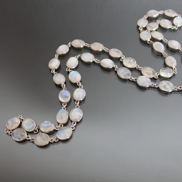 Vintage Moonstone Infinity Necklace. 925 Sterling Silver Open Back, Bezel Set.
