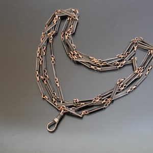 60&quot; Victorian Niello Silver 800 Chain Necklace. Watch Guard, Rose Gold Overlay. Antique Opera Length