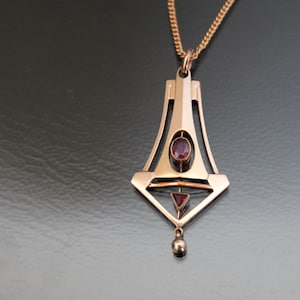 Jugendstil Faux Ruby Rose Gold Gilt Pendant Necklace. Antique Art Nouveau Jewelry