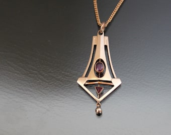 Jugendstil Faux Ruby Rose Gold Gilt Pendant Necklace. Antique Art Nouveau Jewelry