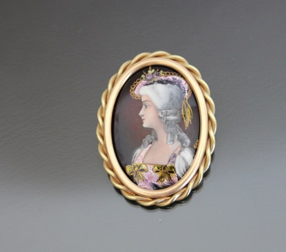 Antique LIMOGES Translucent Enamel French Brooch. Rococo Lady Portrait Miniature