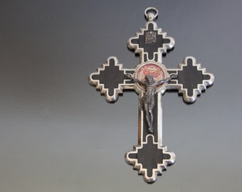 NUN'S  WORK. Vintage Relic Reliquiary Padre Pio, Crucifix Cross Wall Hanging Monstrance, Ebony