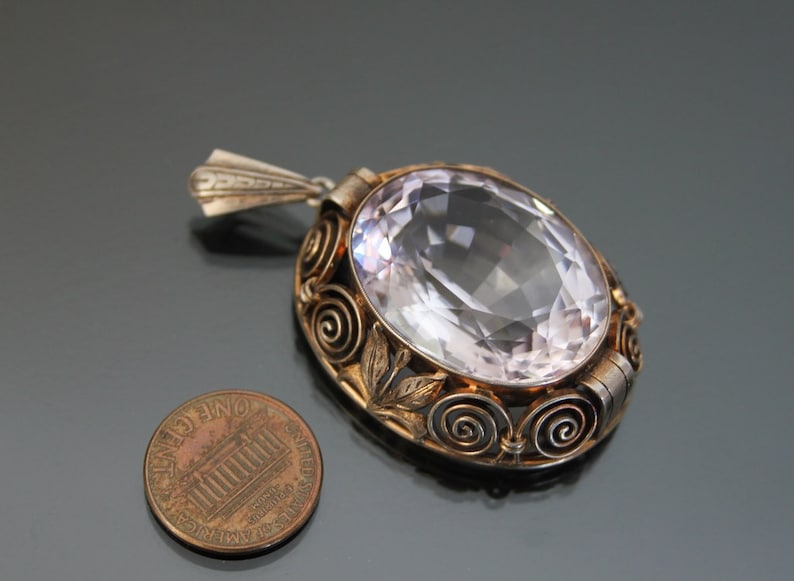 Art Deco BIG Purple Stone Pendant. Silver 835 Vintage Geometric Necklace. image 6