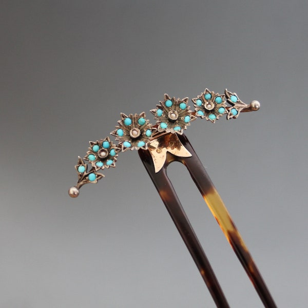 Victorian Turquoise Pave Hair Comb Tiara. Forget Me Not. Antique Hair Fork Hinged Coronet