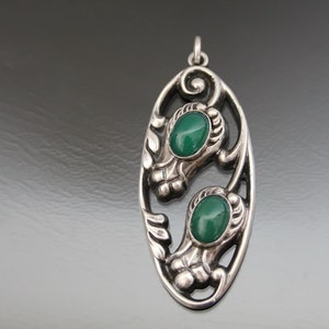 Jugendstil. Floral Chrysoprase Pendant. Silver 800. Repousse. Antique Art Nouveau Repousse