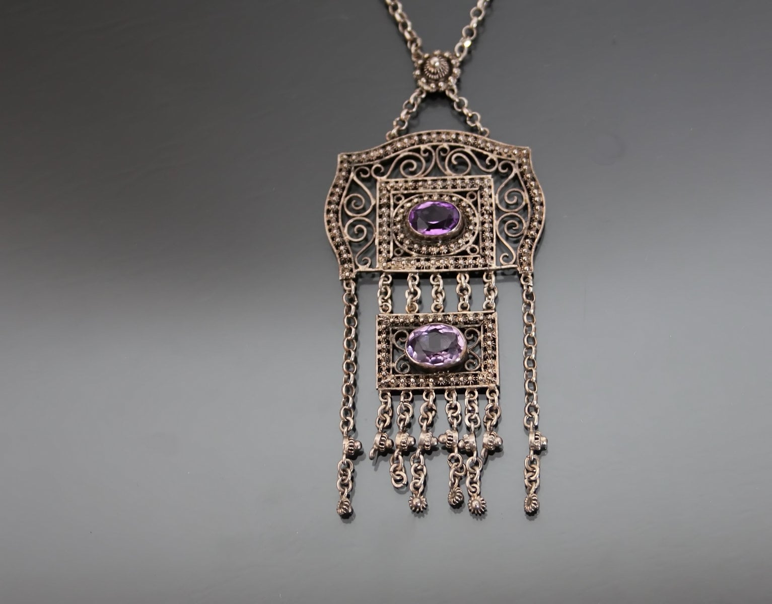 Collier Négligé En Argent Massif Avec Améthystes - Bijou Ancien - Occasion