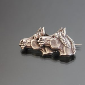 Victorian Horses Equestrian Brooch. Silver 800. Repousse, Embossed. Antique