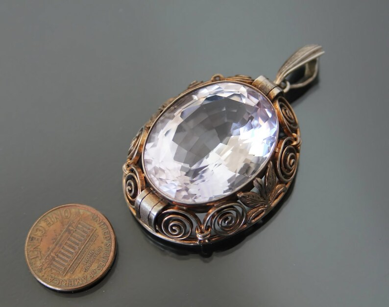 Art Deco BIG Purple Stone Pendant. Silver 835 Vintage Geometric Necklace. image 9