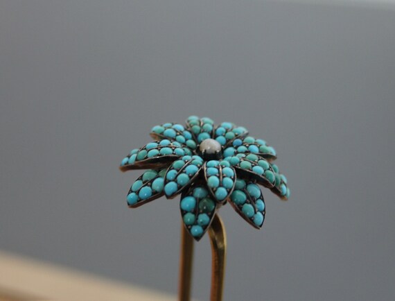 Victorian Turquoise Pave, Pearl, 800 Silver Hair … - image 3