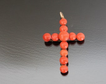 Victorian Cross Pendant. Tomato Red Coral. Fine Silver 800. Vintage Italian Crucifix.
